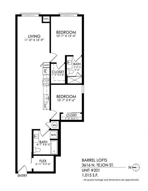 Floor plan for 2 beds, 2 baths, 1375 sqft
